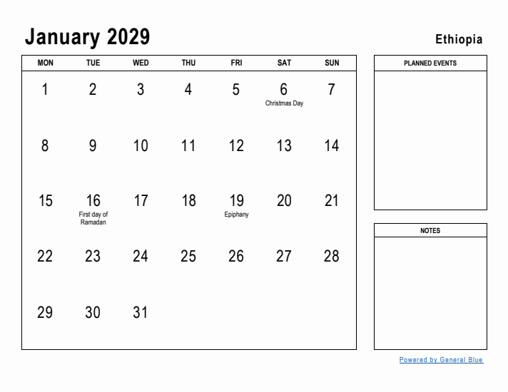 January 2029 Printable Monthly Calendar with Ethiopia Holidays