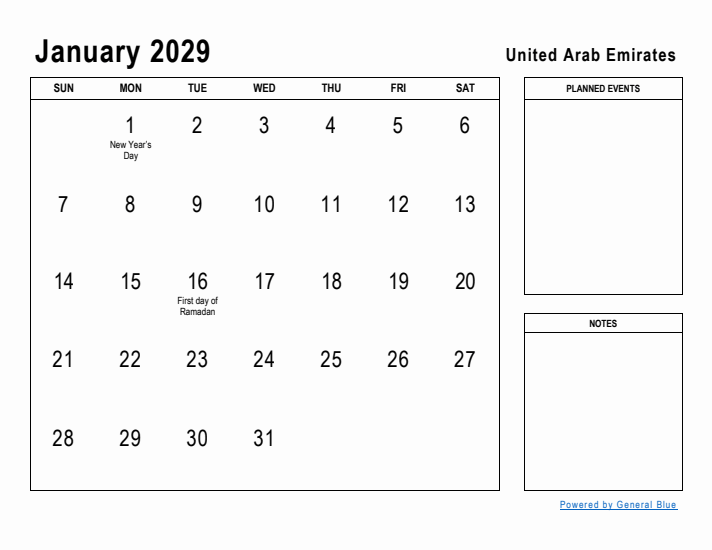 January 2029 Printable Monthly Calendar with United Arab Emirates Holidays