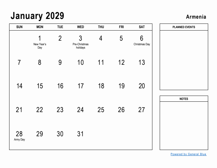 January 2029 Printable Monthly Calendar with Armenia Holidays