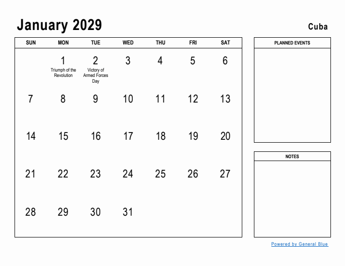 January 2029 Printable Monthly Calendar with Cuba Holidays