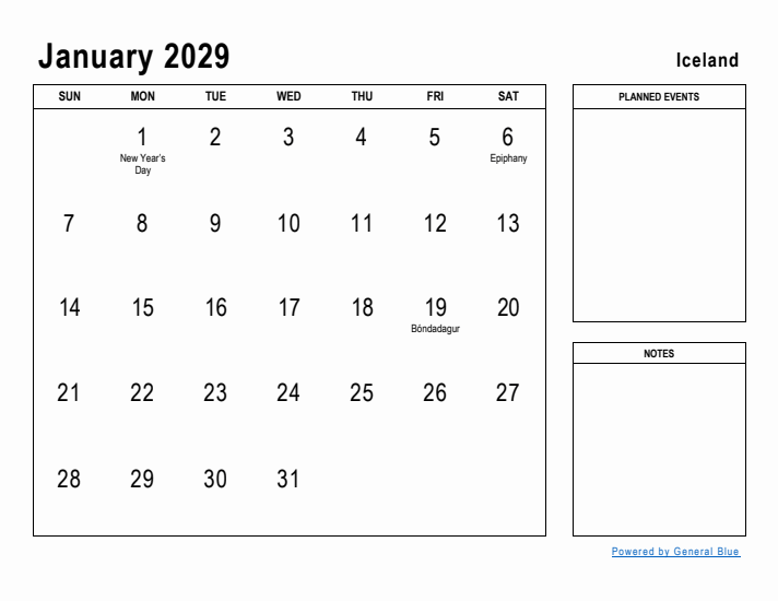 January 2029 Printable Monthly Calendar with Iceland Holidays