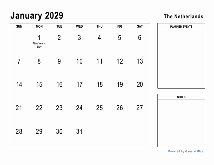 January 2029 Printable Monthly Calendar with The Netherlands Holidays