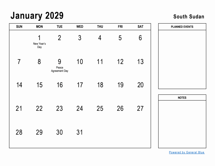 January 2029 Printable Monthly Calendar with South Sudan Holidays