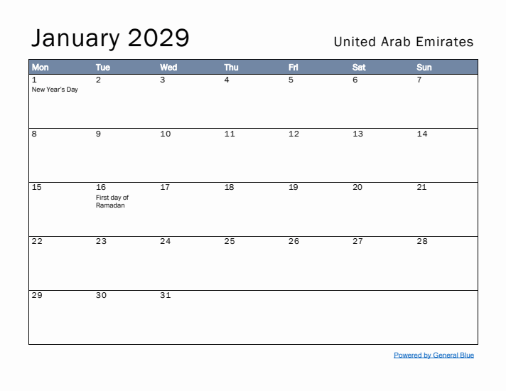 January 2029 Simple Monthly Calendar for United Arab Emirates