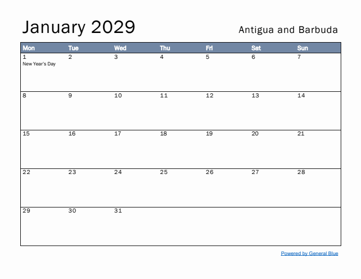 January 2029 Simple Monthly Calendar for Antigua and Barbuda