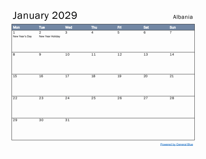 January 2029 Simple Monthly Calendar for Albania