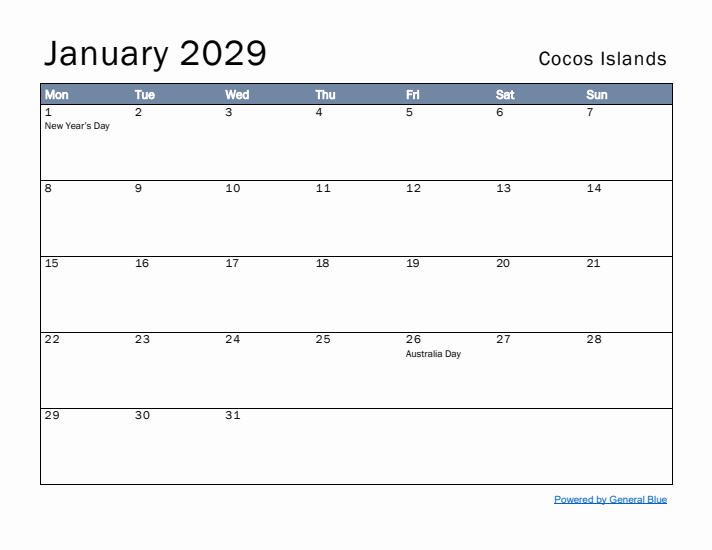 January 2029 Simple Monthly Calendar for Cocos Islands