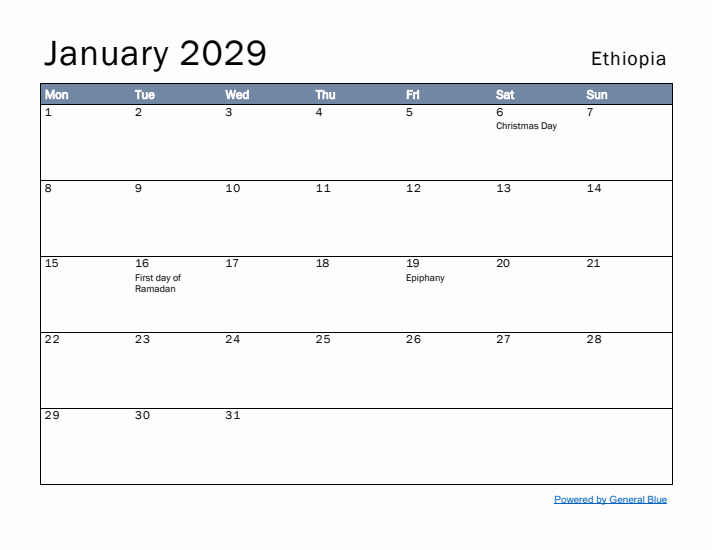 January 2029 Simple Monthly Calendar for Ethiopia