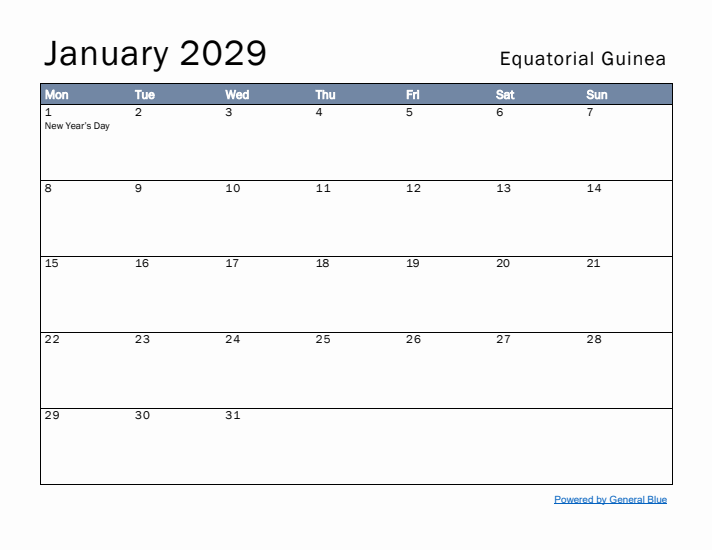 January 2029 Simple Monthly Calendar for Equatorial Guinea