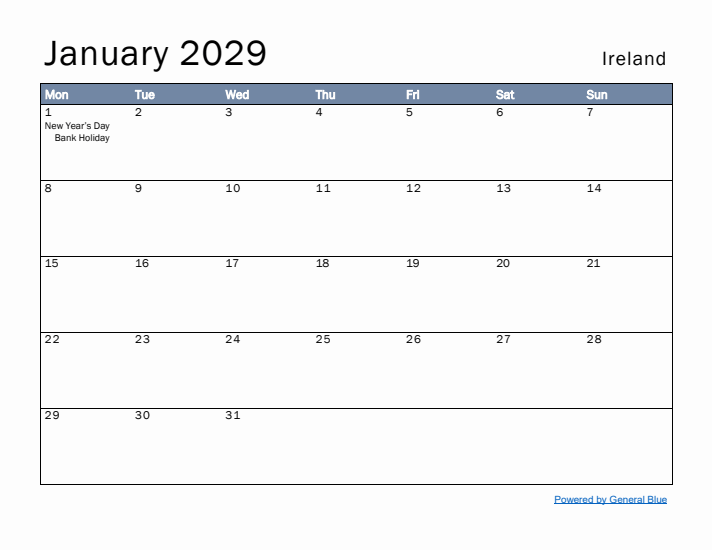 January 2029 Simple Monthly Calendar for Ireland