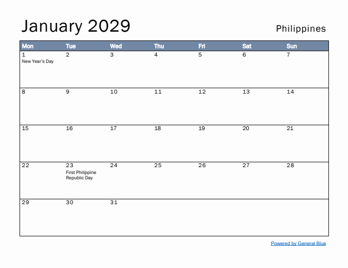 January 2029 Simple Monthly Calendar for Philippines