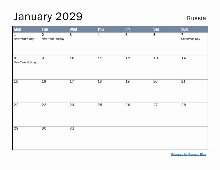 January 2029 Simple Monthly Calendar for Russia