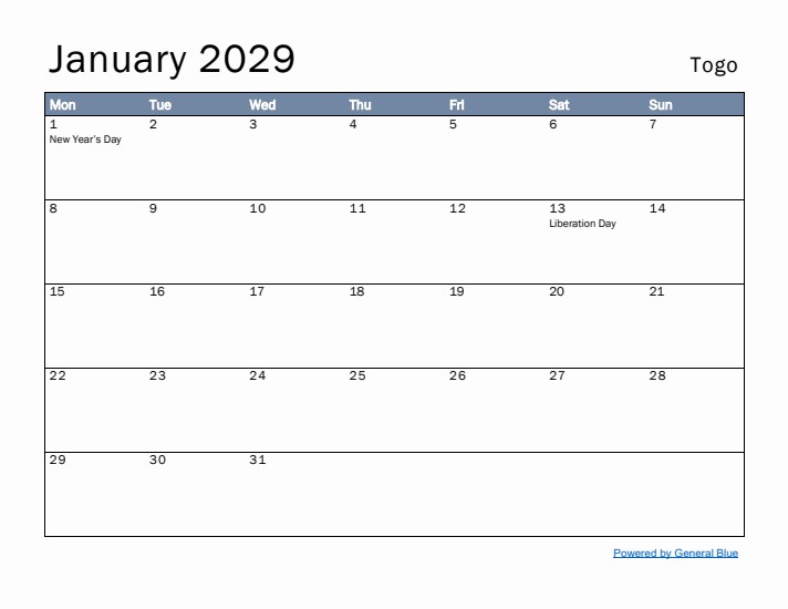 January 2029 Simple Monthly Calendar for Togo