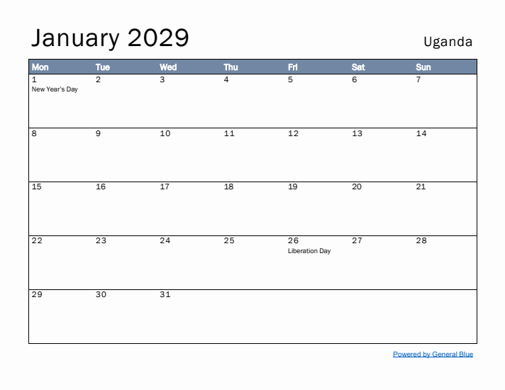 January 2029 Simple Monthly Calendar for Uganda