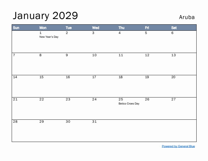 January 2029 Simple Monthly Calendar for Aruba