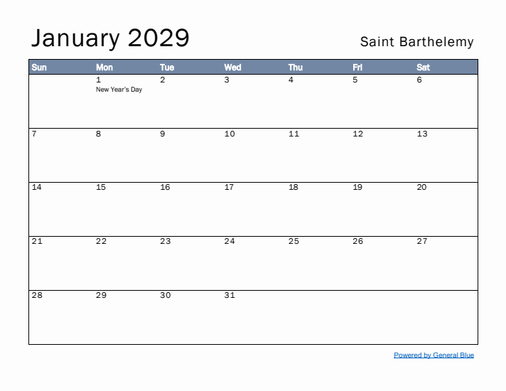 January 2029 Simple Monthly Calendar for Saint Barthelemy