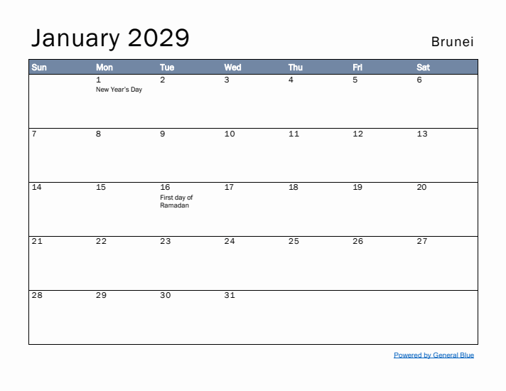 January 2029 Simple Monthly Calendar for Brunei