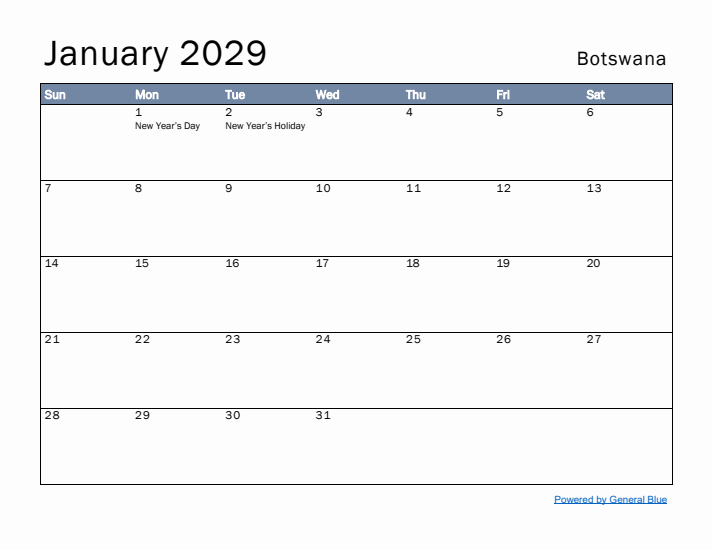 January 2029 Simple Monthly Calendar for Botswana