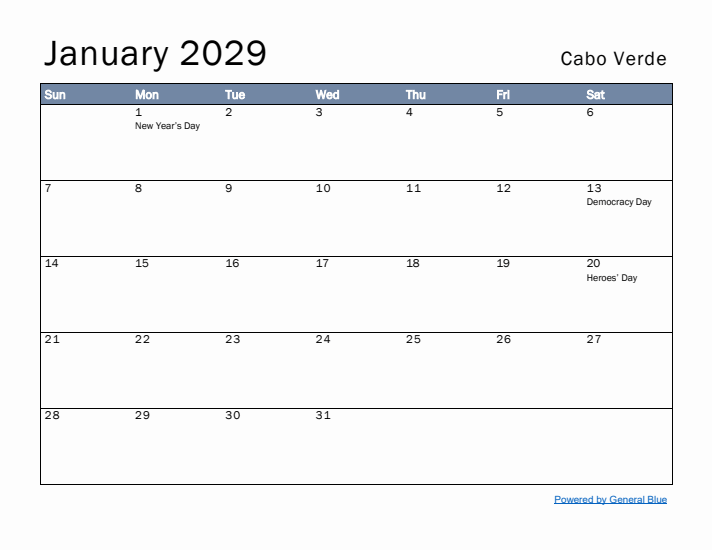 January 2029 Simple Monthly Calendar for Cabo Verde