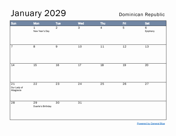 January 2029 Simple Monthly Calendar for Dominican Republic