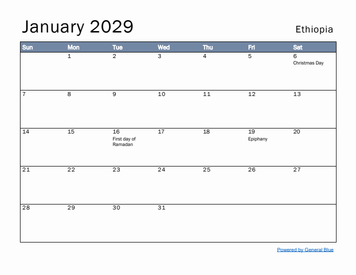 January 2029 Simple Monthly Calendar for Ethiopia