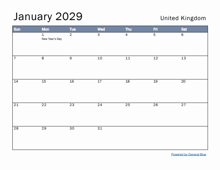 January 2029 Simple Monthly Calendar for United Kingdom