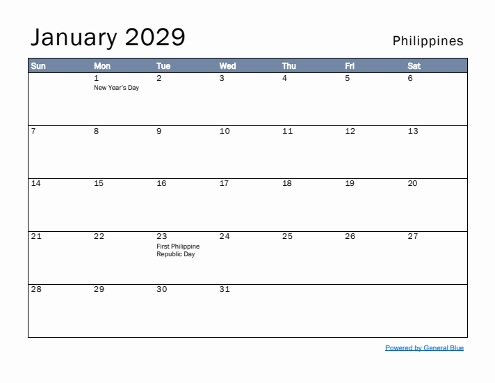 January 2029 Simple Monthly Calendar for Philippines