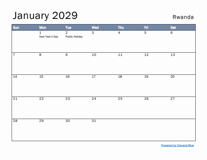 January 2029 Simple Monthly Calendar for Rwanda