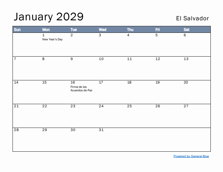 January 2029 Simple Monthly Calendar for El Salvador