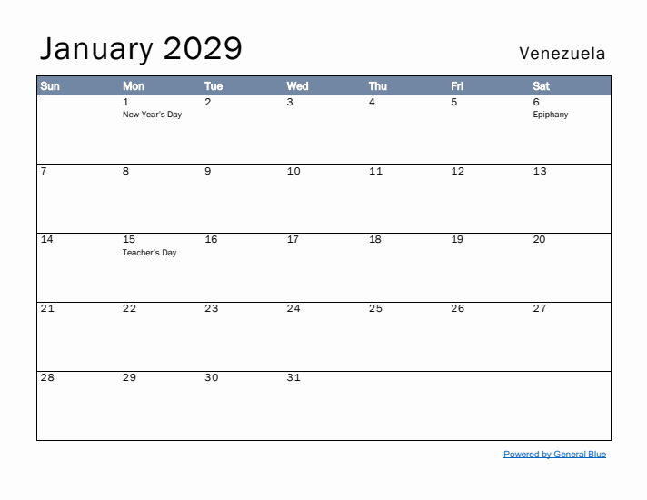 January 2029 Simple Monthly Calendar for Venezuela