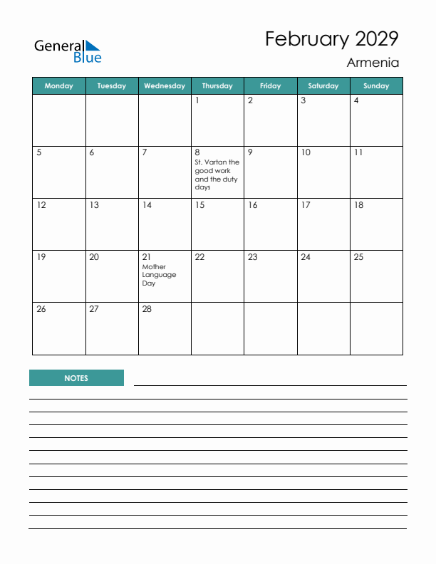 Calendar with Notes Printable - Monday Start