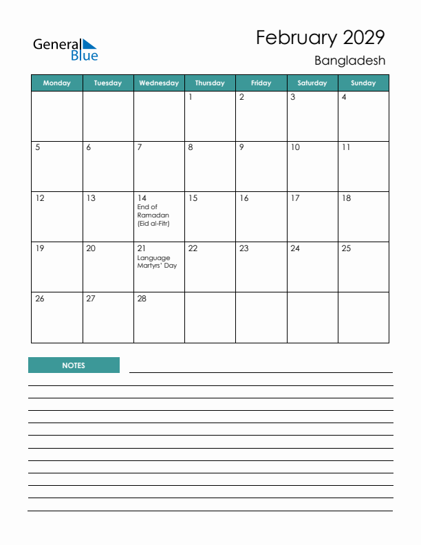 Calendar with Notes Printable - Monday Start