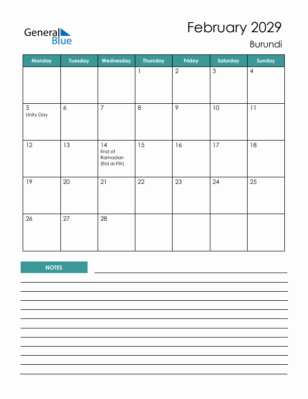 Calendar with Notes Printable - Monday Start