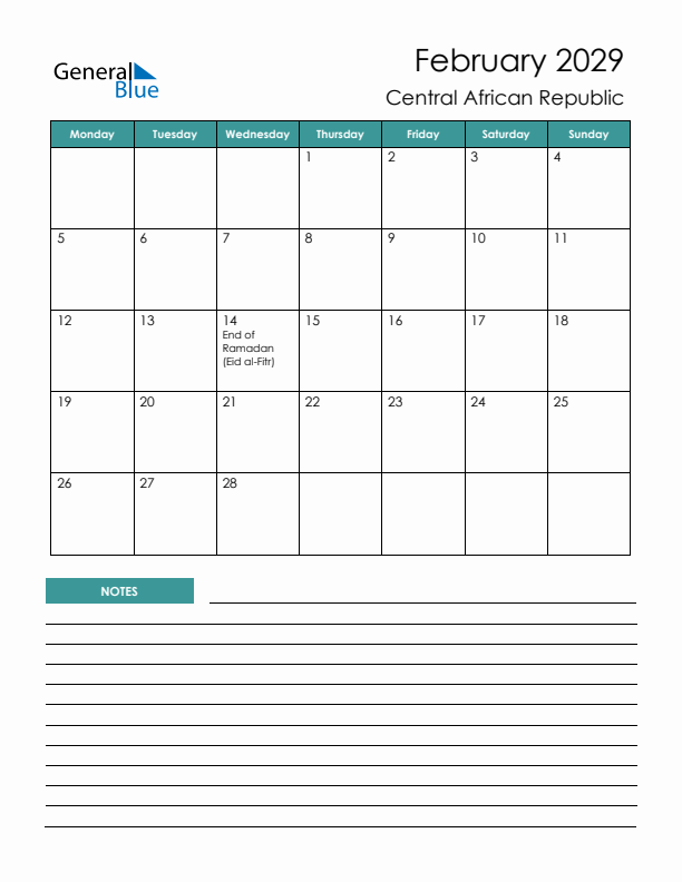 Calendar with Notes Printable - Monday Start