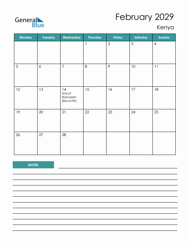 Calendar with Notes Printable - Monday Start