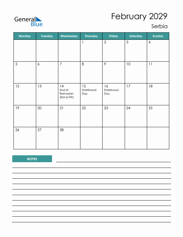 Calendar with Notes Printable - Monday Start