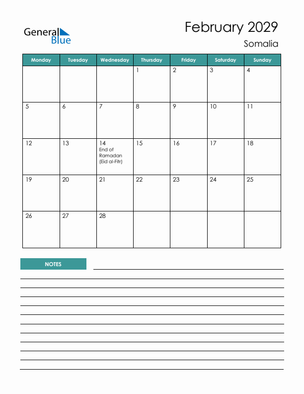 Calendar with Notes Printable - Monday Start