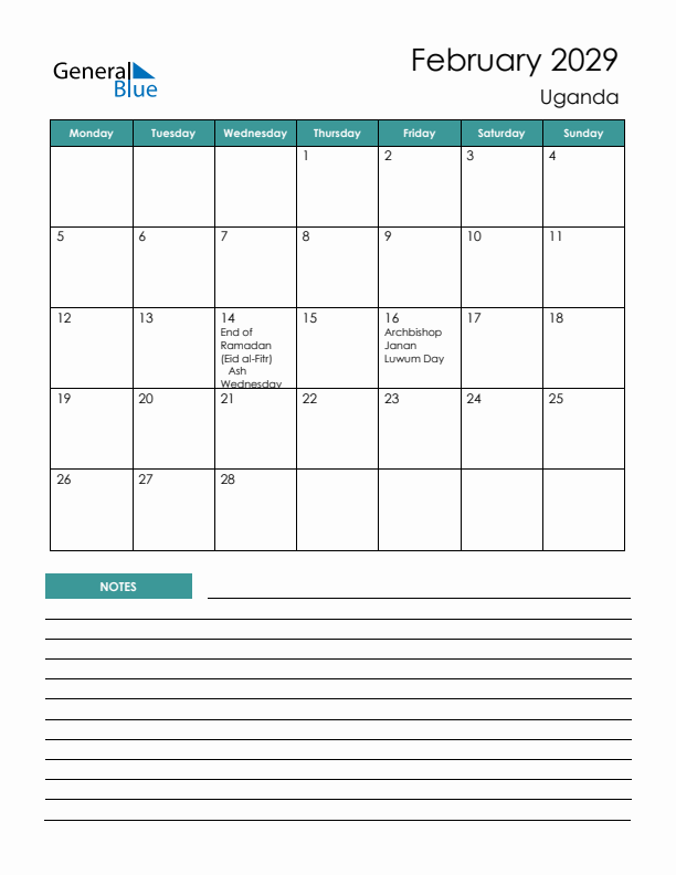 Calendar with Notes Printable - Monday Start