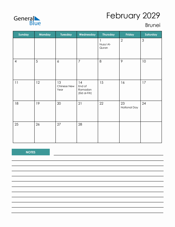 Calendar with Notes Printable - Sunday Start