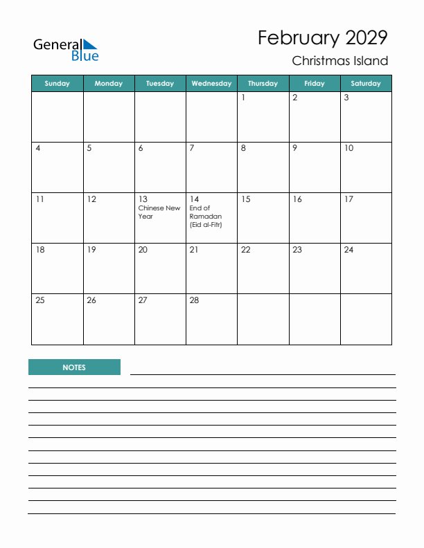 Calendar with Notes Printable - Sunday Start