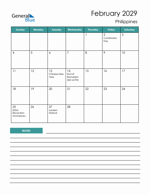 Calendar with Notes Printable - Sunday Start