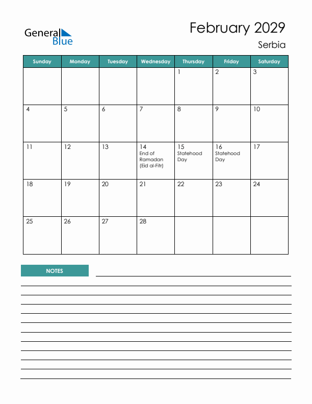 Calendar with Notes Printable - Sunday Start