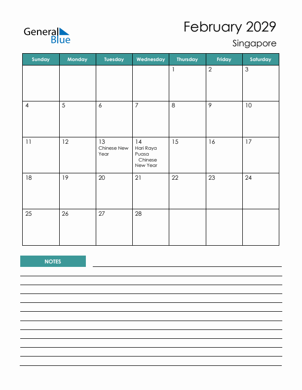 Calendar with Notes Printable - Sunday Start