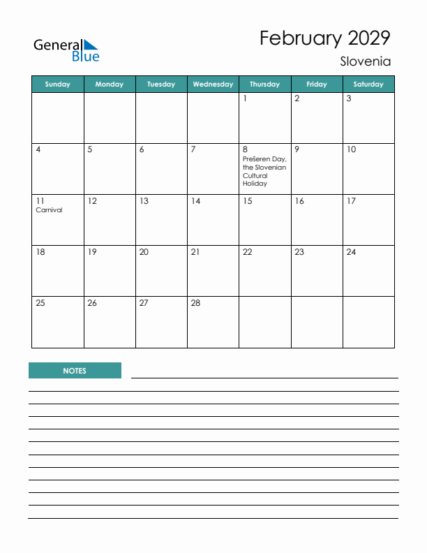 Calendar with Notes Printable - Sunday Start