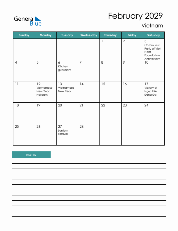 Calendar with Notes Printable - Sunday Start