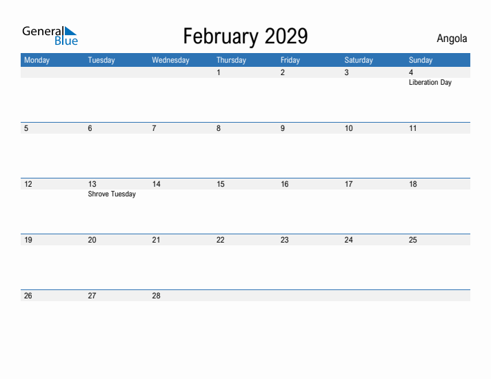 Fillable February 2029 Calendar