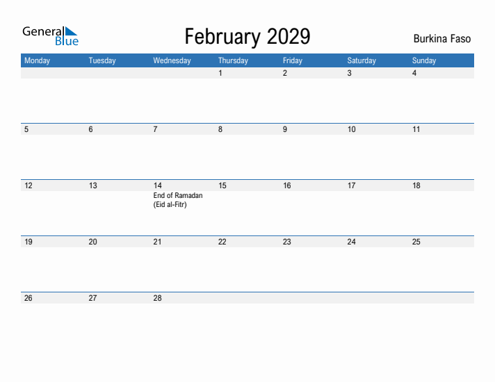 Fillable February 2029 Calendar