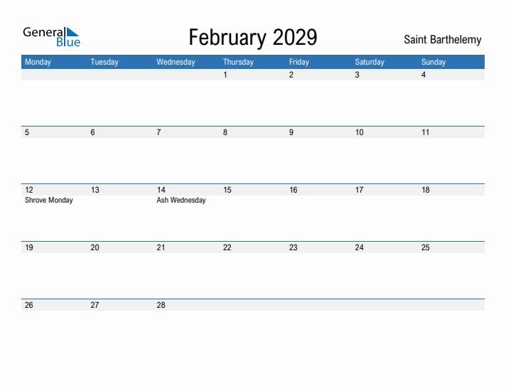 Fillable February 2029 Calendar