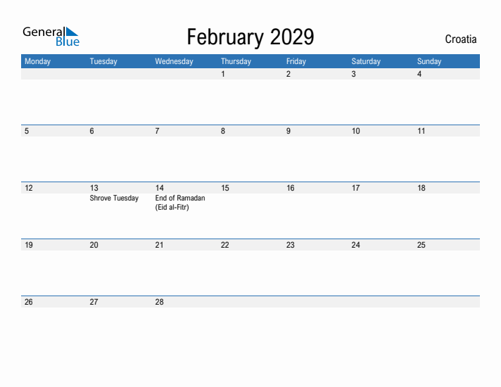 Fillable February 2029 Calendar