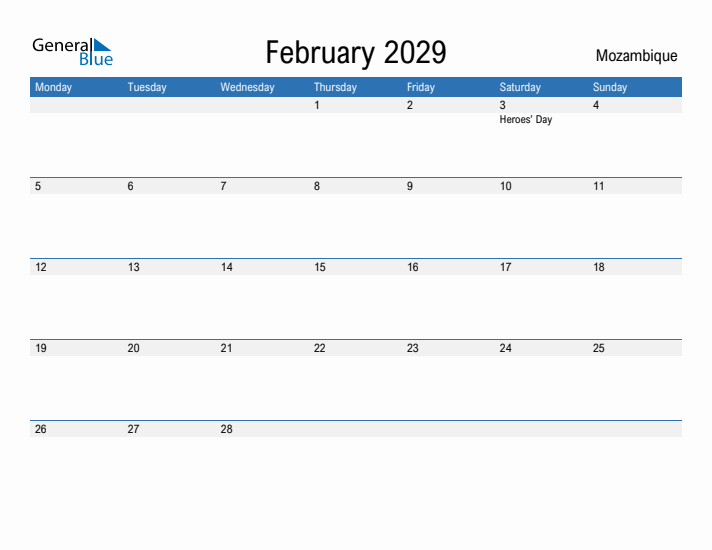 Fillable February 2029 Calendar